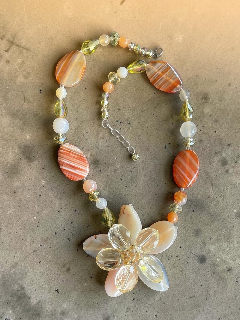 Carnelian Agate Crystal Flower Statement with 925 Silver Necklace